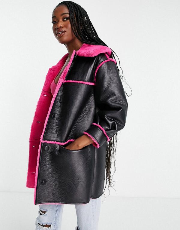 Miss Selfridge contrast faux fur faux leather longline coat in black with pink