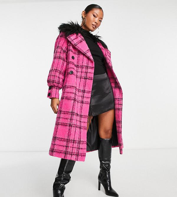 Miss Selfridge Petite check mongolian faux fur collar long coat in pink