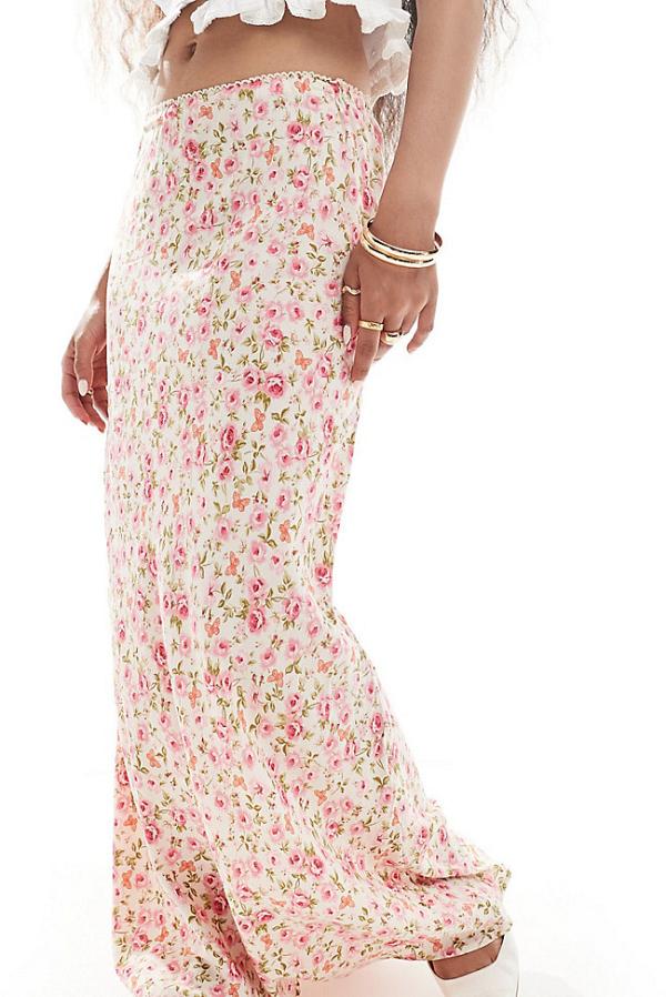 Miss Selfridge Petite picot trim bias maxi skirt in pink floral-Multi