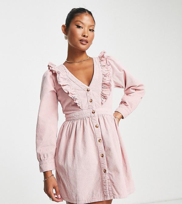 Miss Selfridge Petite ruffle yoke corduroy dress in pink-No colour