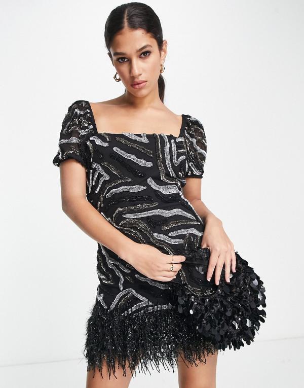 Miss selfridge Premium embellished animal print mini dress with faux feather trim in black
