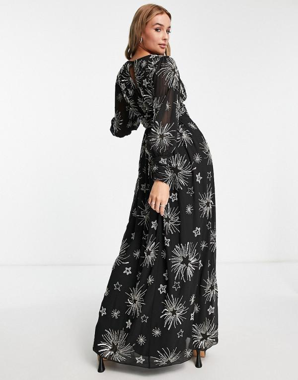 Miss Selfridge Premium embellished long sleeve maxi dress with star detail in black