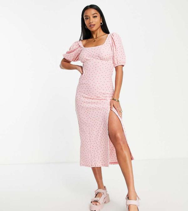 Miss Selfridge puff sleeve midi dress in pink spot-Black