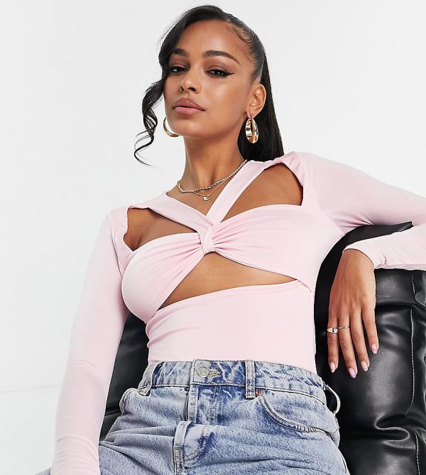 Missguided halterneck bodysuit with long sleeves in pink