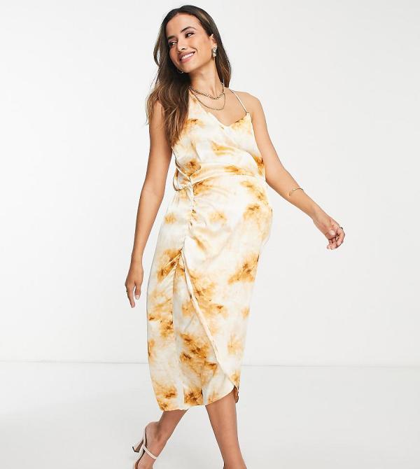 Missguided Maternity asymmetric satin midi dress in cream tie dye-Multi