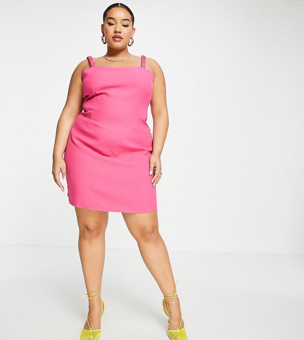 Missguided Plus shirred strap mini dress in bright pink (part of a set)