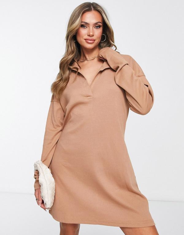 Missguided ribbed collared mini dress in camel-Neutral