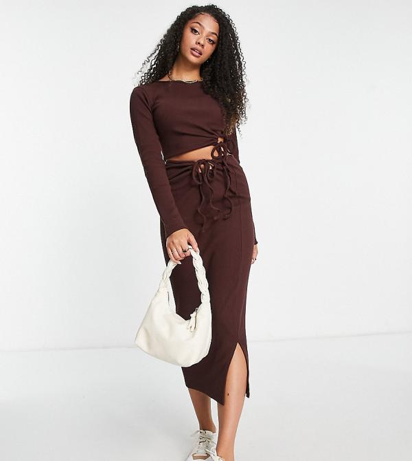 Missguided Tall side tie midaxi skirt in brown (part of a set)