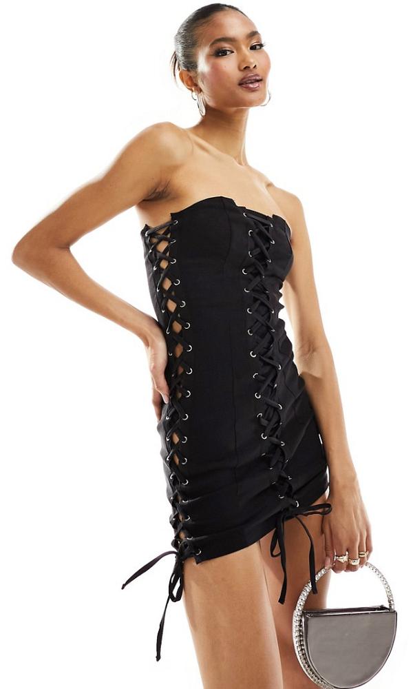 Missy Empire bandeau lace up eyelet front mini dress in black