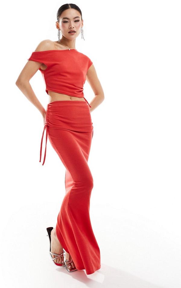 Missy Empire column fishtail maxi skirt with tie detail in red (part of a set)-Black