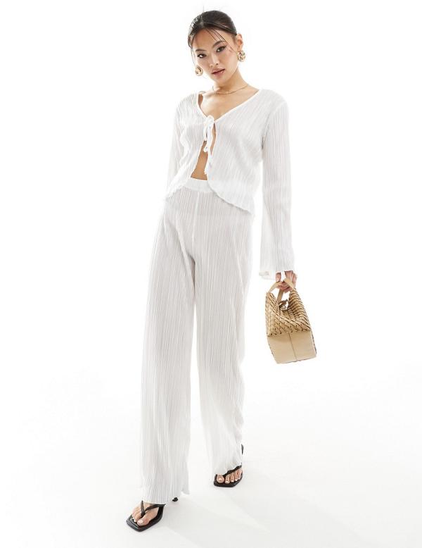 Missy Empire exclusive plisse wide leg beach pants in white (part of a set)