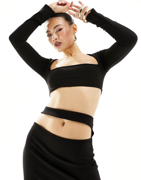 Missy Empire long sleeve square neck crop top in black (part of a set)