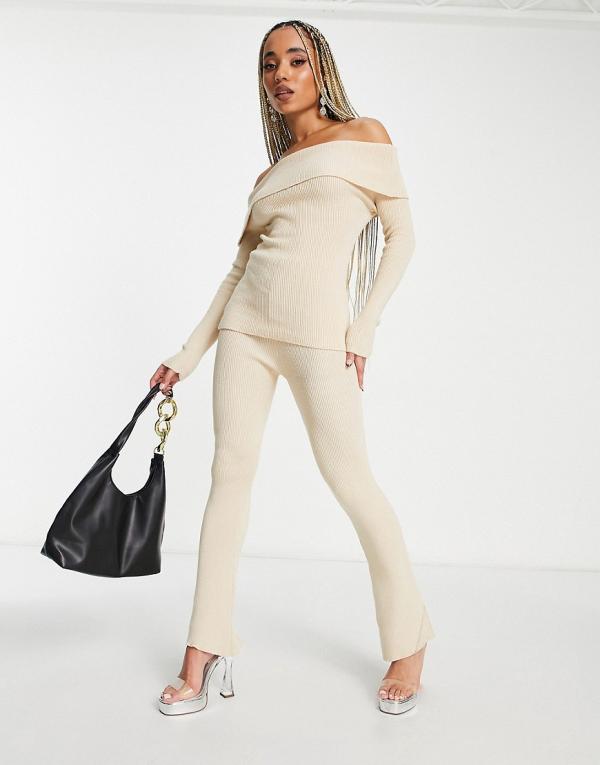 Missy Empire ribbed knit flared pants in stone (part of a set)-Neutral