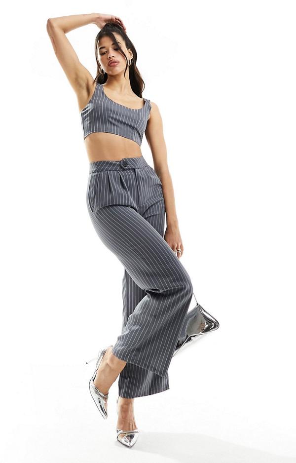 Missy Empire tailored wide leg pants in grey pinstripe (part of a set)-Multi