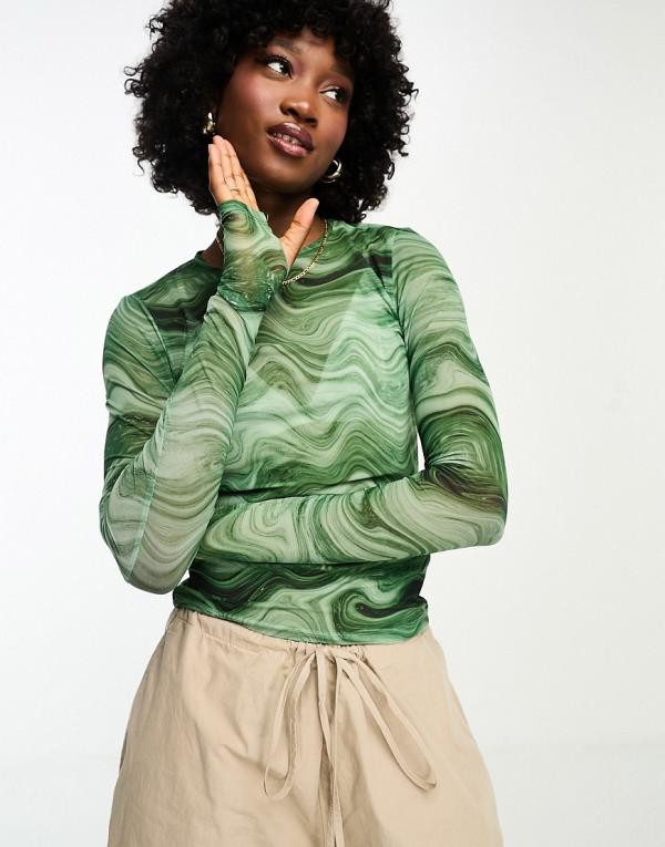 Monki long sleeve mesh top in green swirl print-Multi