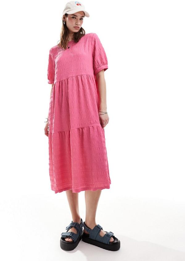 Monki midi smock dress with tiered hem in pink