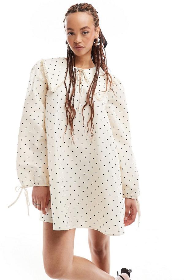 Monki mini swing dress with collar and tie cuffs in white polka dots print-Multi