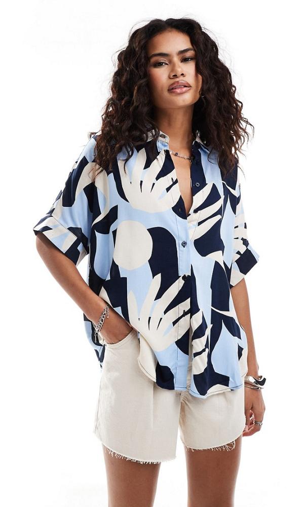 Monki oversized boxy short sleeve blouse in multi blue abstract leaf print