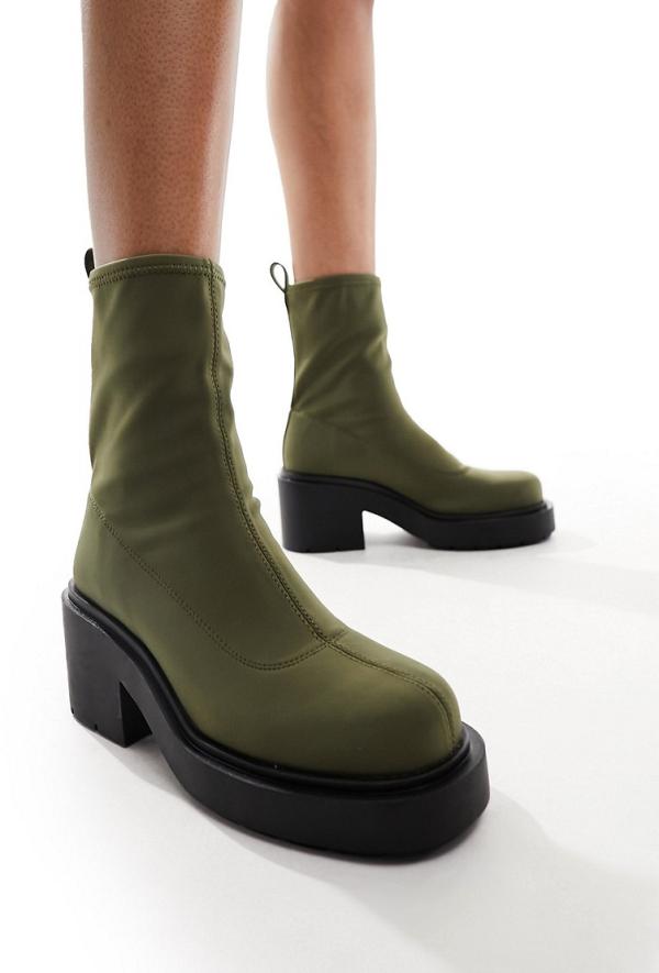 Monki pull up platform heeled ankle boots in khaki-Green