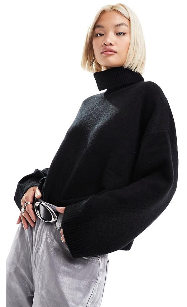Monki roll neck knitted sweater in black melange