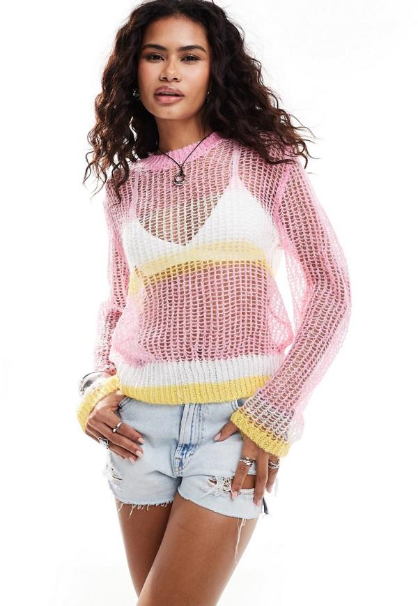 Monki sheer open knit sweater in light pink and white stripes-Multi