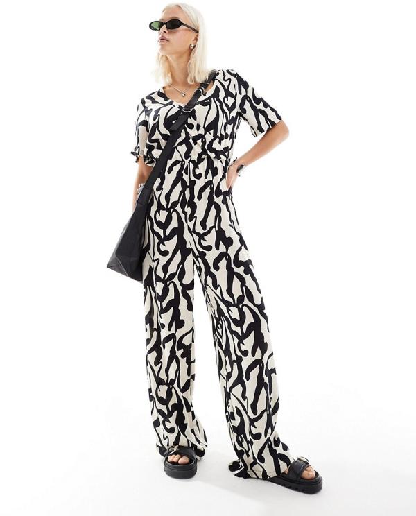 Monki short sleeve jumpsuit with wrap front in bold mono abstract print-Multi