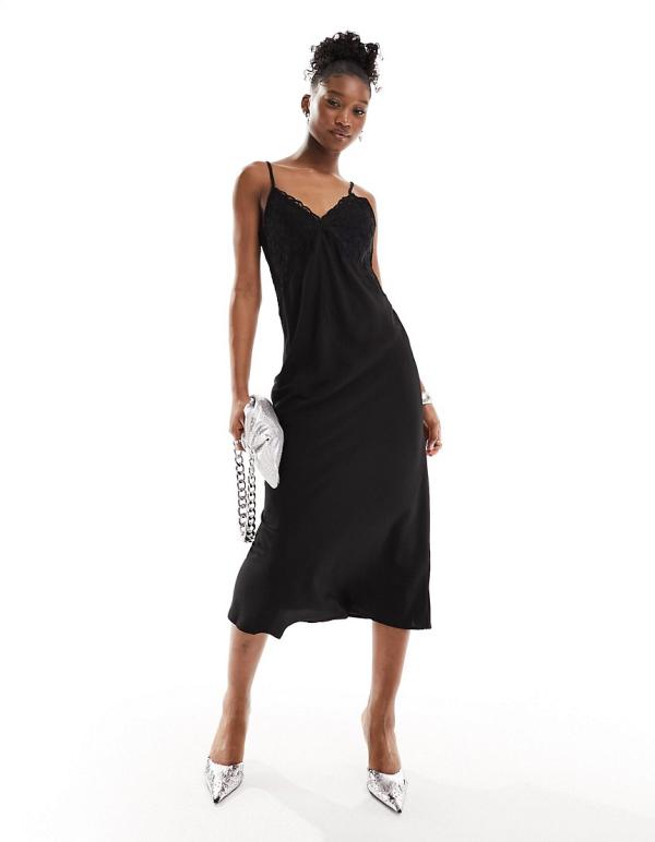 Monki strappy maxi slip dress with lace detail in black