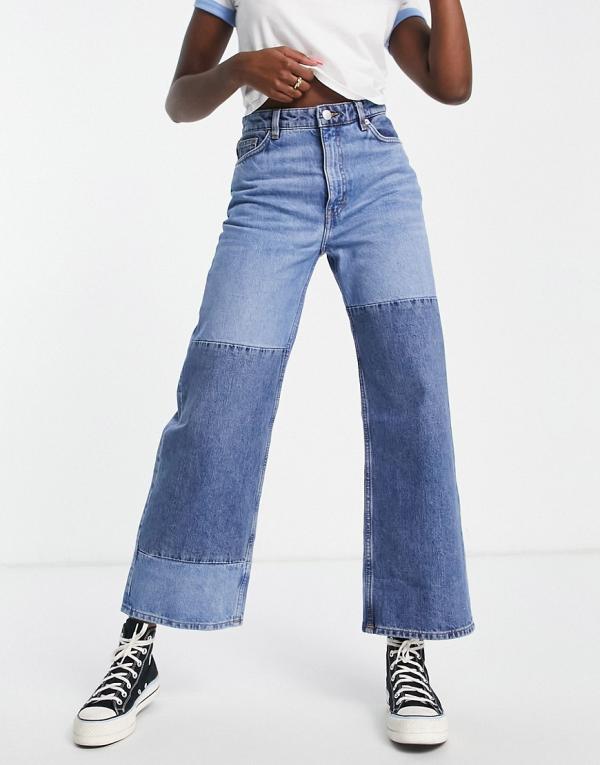 Monki Yoko cropped wide leg patch jeans in blue