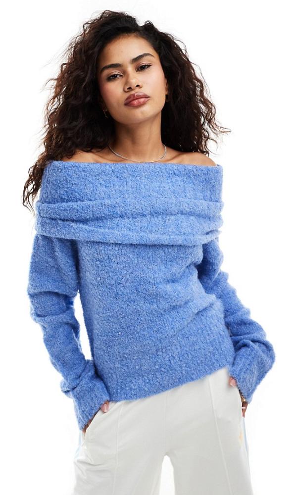 Moon River off the shoulder long sleeve sweater in sky blue