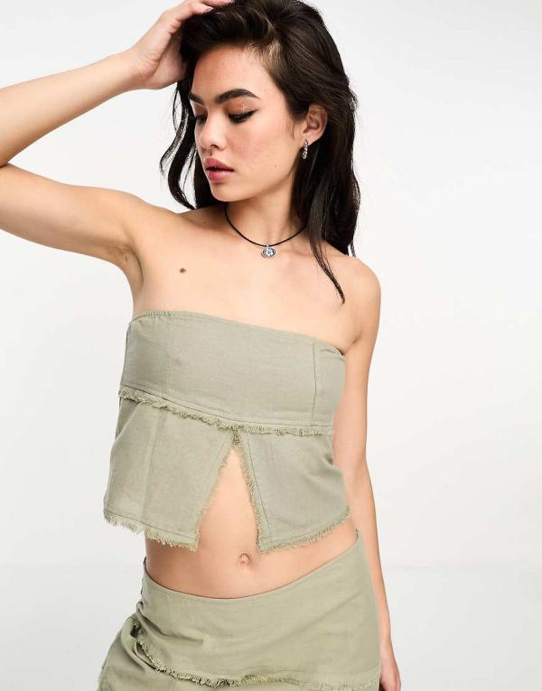 Motel bandeau canvas split detail crop top in slate green (part of a set)