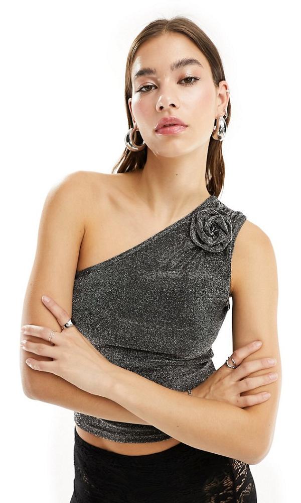 Motel metallic one shoulder corsage detail top in silver