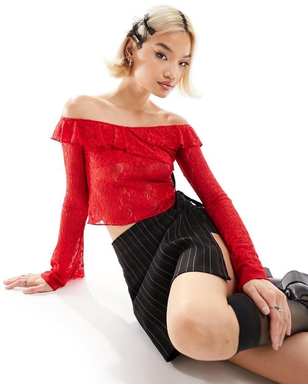 Motel off-shoulder lace long sleeve top in red