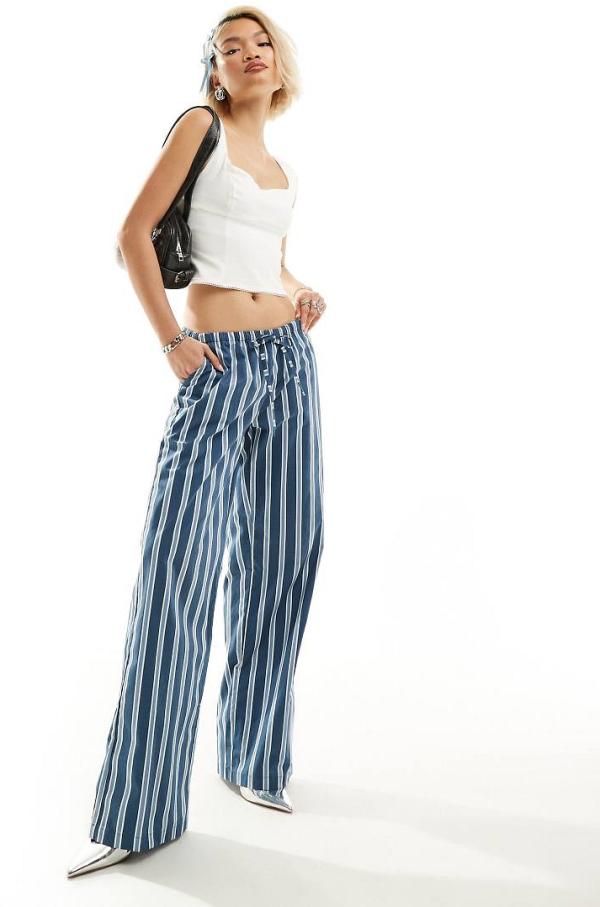 Motel stripe wide leg pants in blue and white-Navy