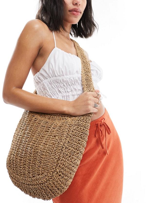 My Accessories curved woven long shoulder bag in raffia-Neutral