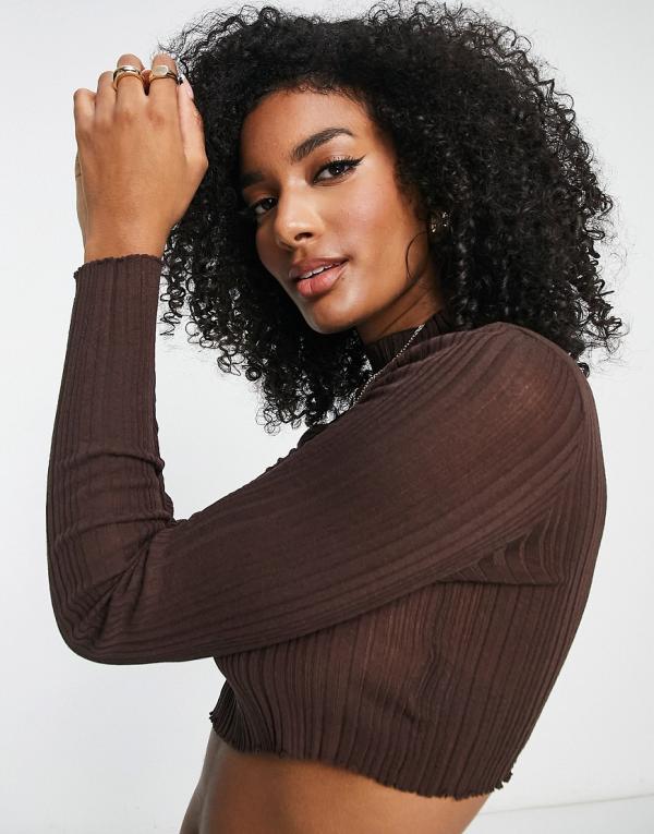 NA-KD high neck rib knit top in brown