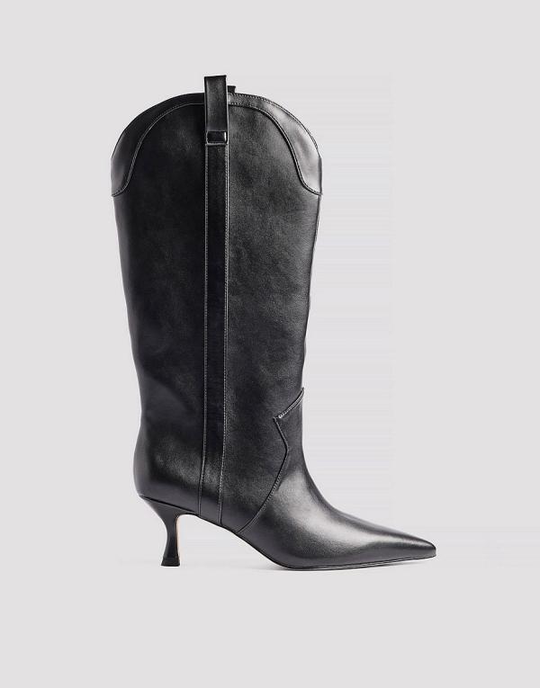 NA-KD knee high stiletto western boots in black