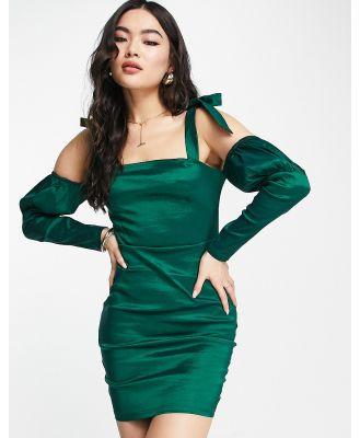 NaaNaa bardot puff sleeve satin bodycon dress in green