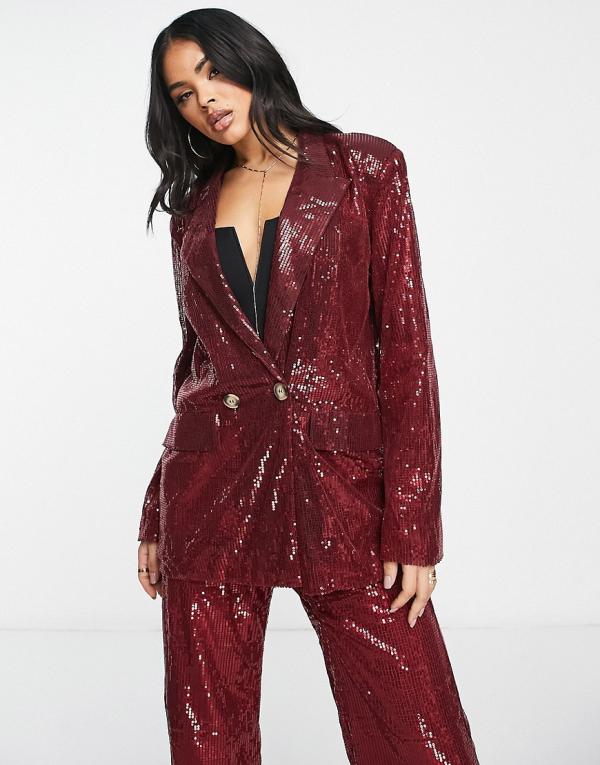 NaaNaa oversized sequin blazer in burgundy (part of a set)-Red