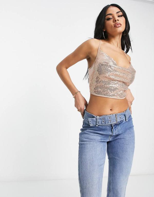 NaaNaa sequin crop top with cowl neckline in rose gold