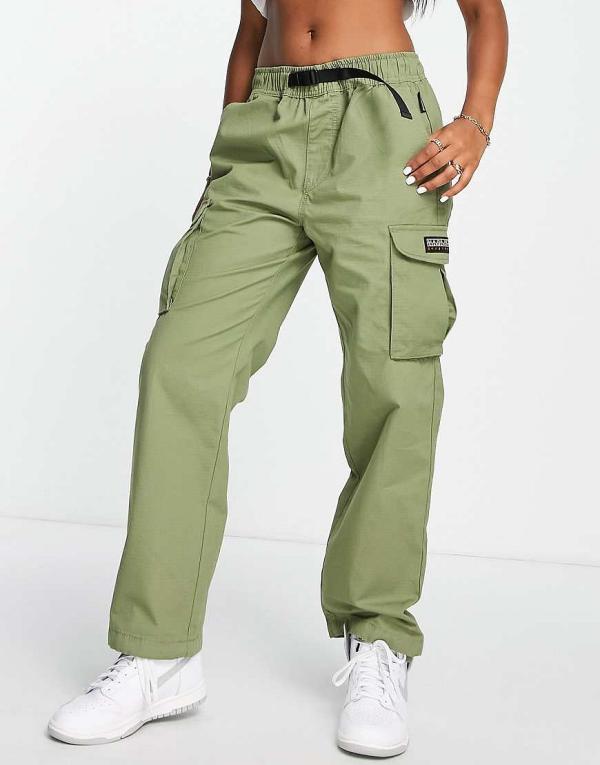 Napapijri Solid oversized woven cargo pants in khaki-Green