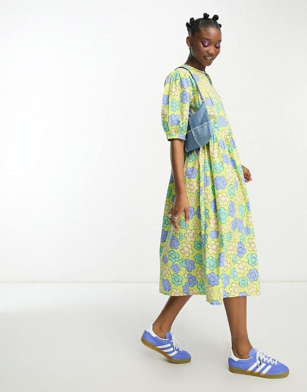 Native Youth daisy bloom print cotton smock midi dress in multi-Yellow