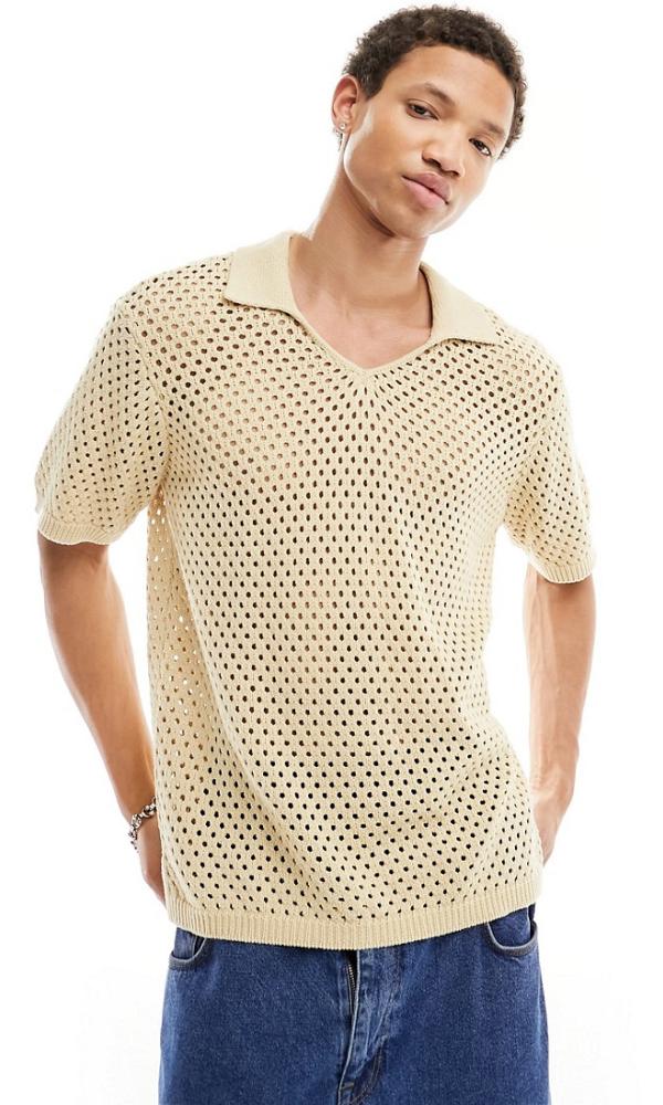 Native Youth pointelle cotton knitted polo top in beige-Brown