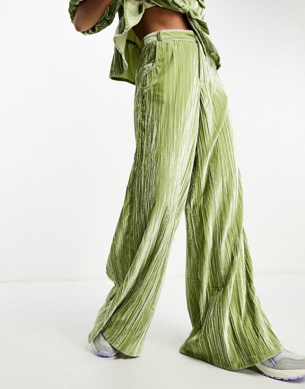Neon Rose crushed velvet wide leg pants in green (part of a set)