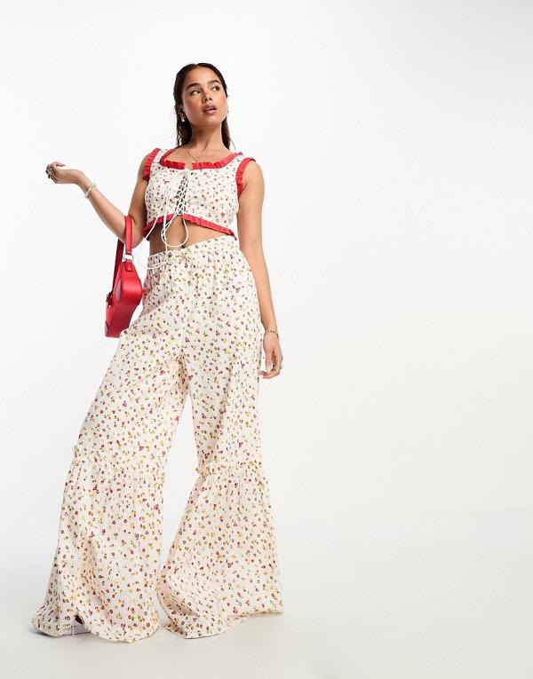 Neon Rose ditsy floral print frill edge pants in multi (part of a set)