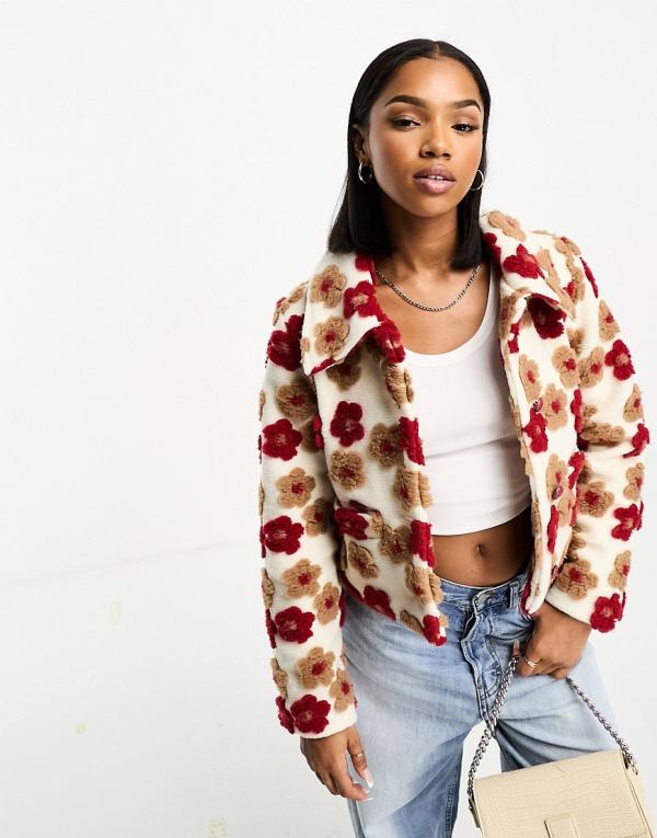 Neon Rose floral applique cropped boxy jacket in beige and red-Neutral