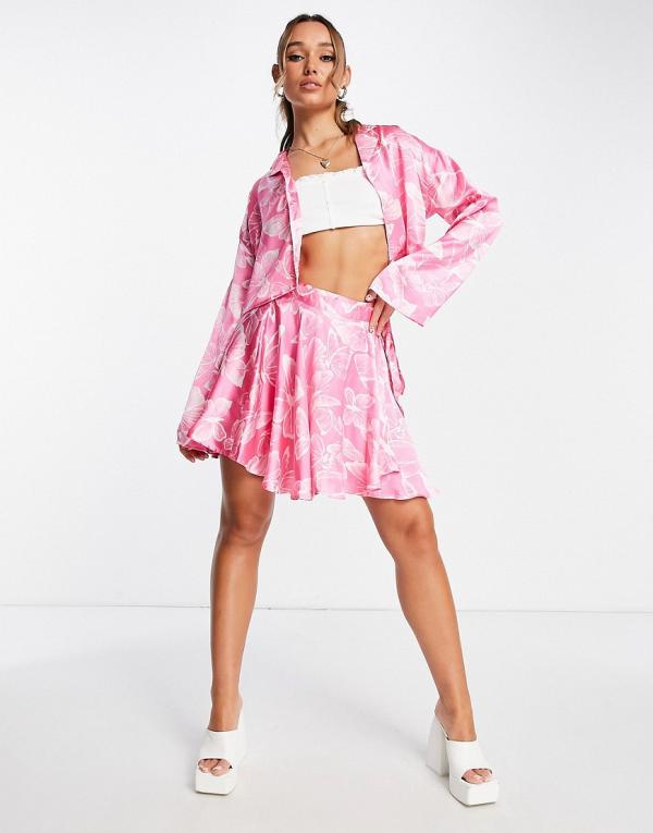 Neon Rose relaxed boxy cropped shirt in butterfly satin (Part of a set)-Pink