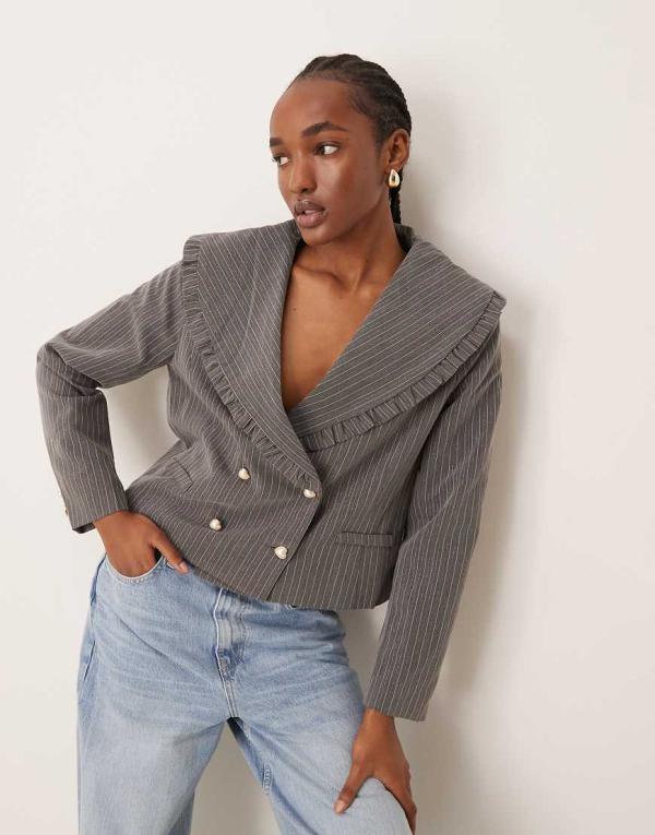 Neon Rose ruffle edge cropped sparkle pinstripe blazer in grey