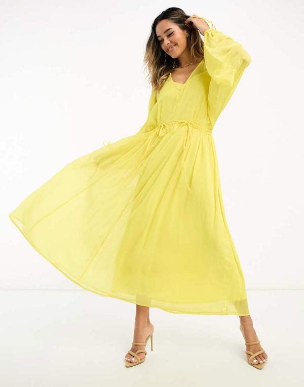 Never Fully Dressed balloon sleeve tie maxi dress in yellow