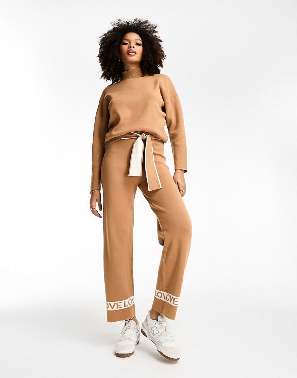 Never Fully Dressed LOVE knitted wide leg trackies in camel (part of a set)-Neutral