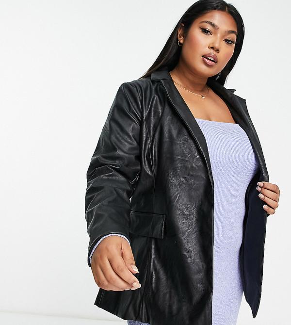 New Look Curve faux leather blazer in black